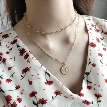 

POFUNUO Real 925 Sterling Silver European American Style Fashion Chokers Mermaid Pendant Coin Necklace Summer Sexy Gold Necklace