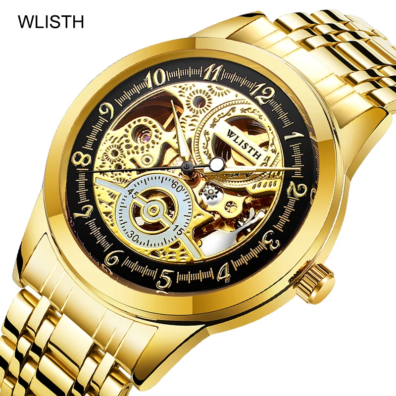 

Men's Watch Automatic Mechanical Hollow Big Gold Watch Top Brand WLISTH Waterproof 30m Business Men's Watch All Steel Gold Strap