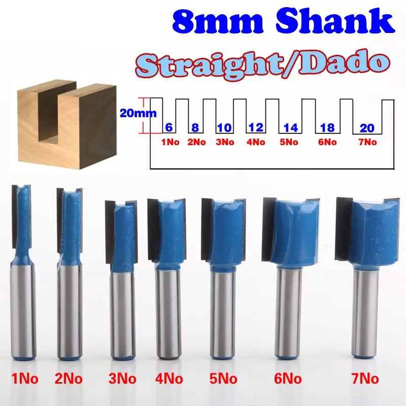 

Hot Sale 7PC 8mm Shank high quality Straight/Dado Router Bit Set 6,8,10,12,14,18,20mm Diameter Wood Cutting Tool