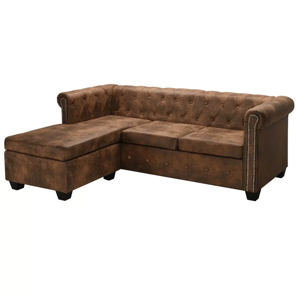 

L-shaped Chesterfield Sofa Brown Synthetic Suede Leather Sofa for Living Room Home Furniture Sofa for 3 Seaters Retro-style
