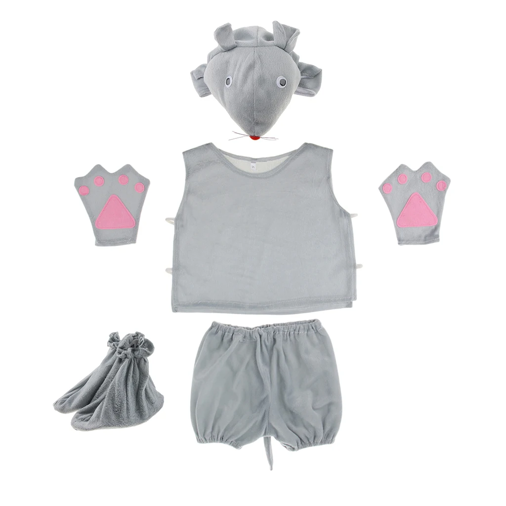 Kids Cartoon Mouse Cute Pajamas Child Funny Sleepwear Nightwear Animal Cosplay Costume 5 Pcs Set Photo Props Gray
