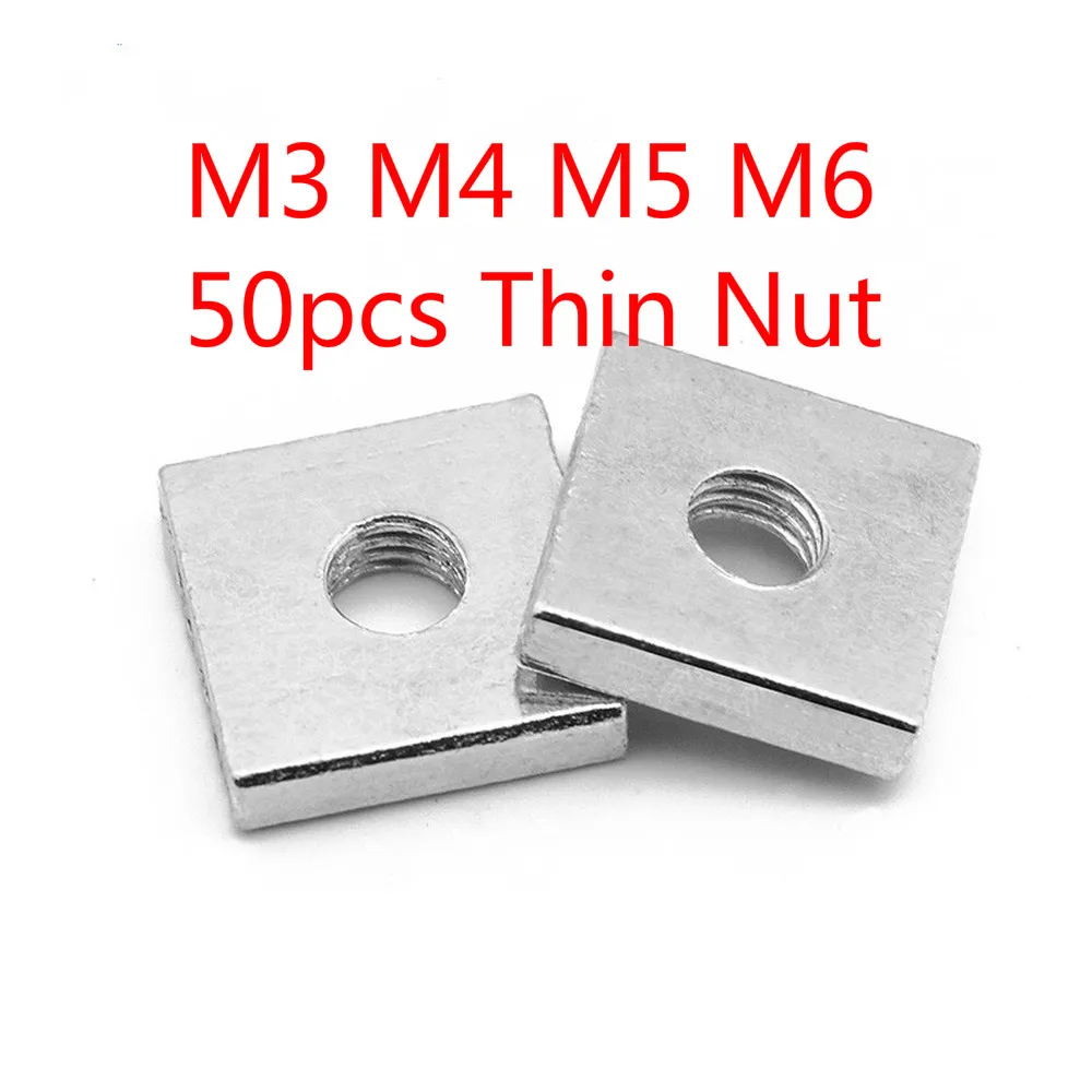 50pc Square Thin Nut M3 M4 M5 M6 Galvanized Zinc Plated Thin Block