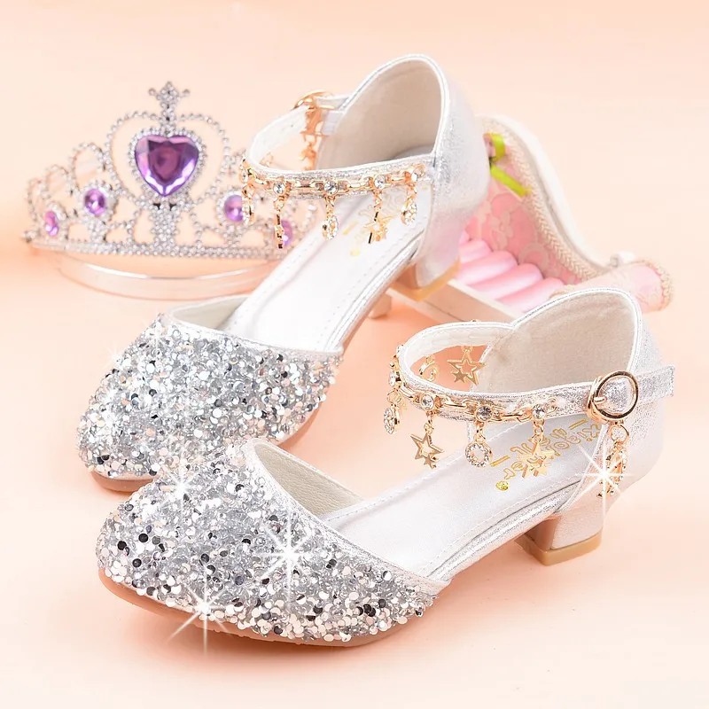 

Girl'S Sandals High Heels 2019 Summer New Style Man-made Diamond Bow Princess Model Performance Crystal Shoes Silver Hot Selling