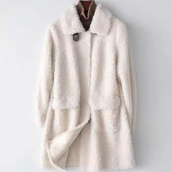 

Wool Fur coat Beige Pockets Lamb Fur Long Coat Women 2020 New Autumn Winter Vintage Fur jacket Fashion Overcoat Female Outerwear