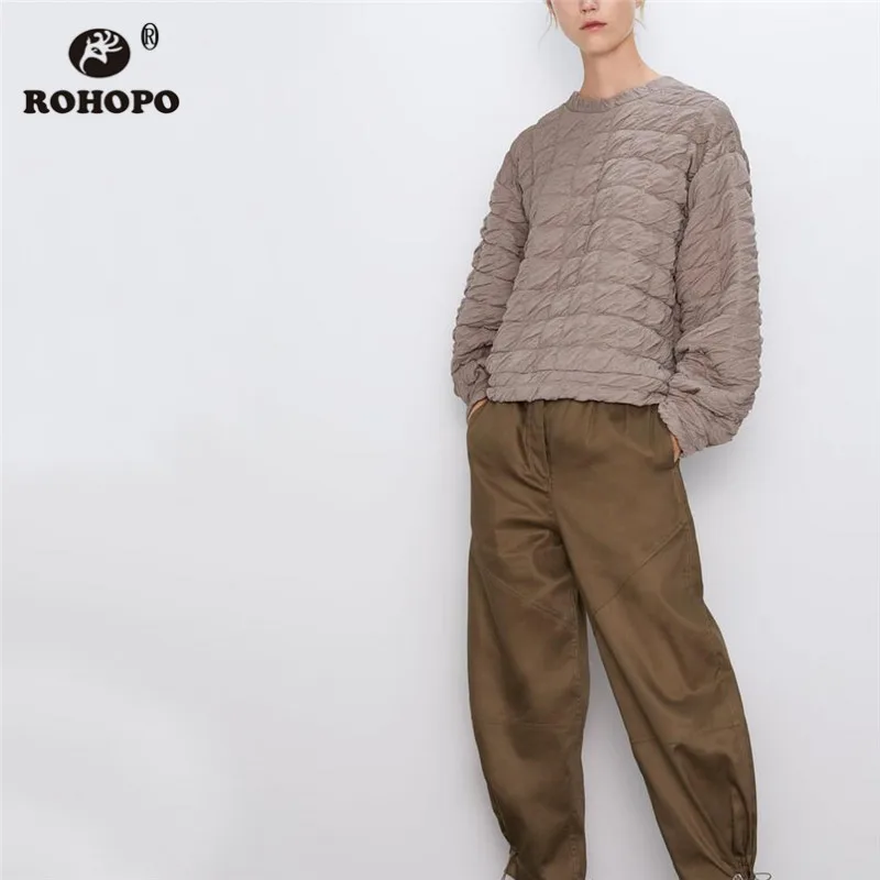 

ROHOPO Round Collar Thick Quilted Khaki Sweatshirt Long Sleeve Female Thick Autumn/Winter Chic Solid Pullover Hoodies #9684
