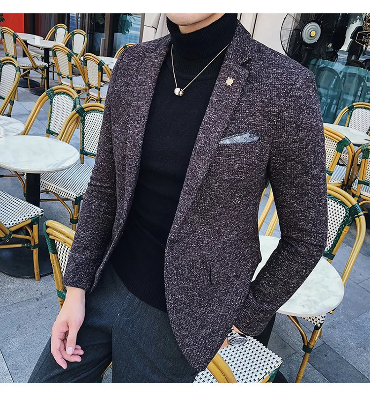 Мужской твидовый Блейзер Осень зима блейзер masculino slim fit повседневные мужские спортивные пиджаки hombre invierno ho Мужской Блейзер черный синий коричневый