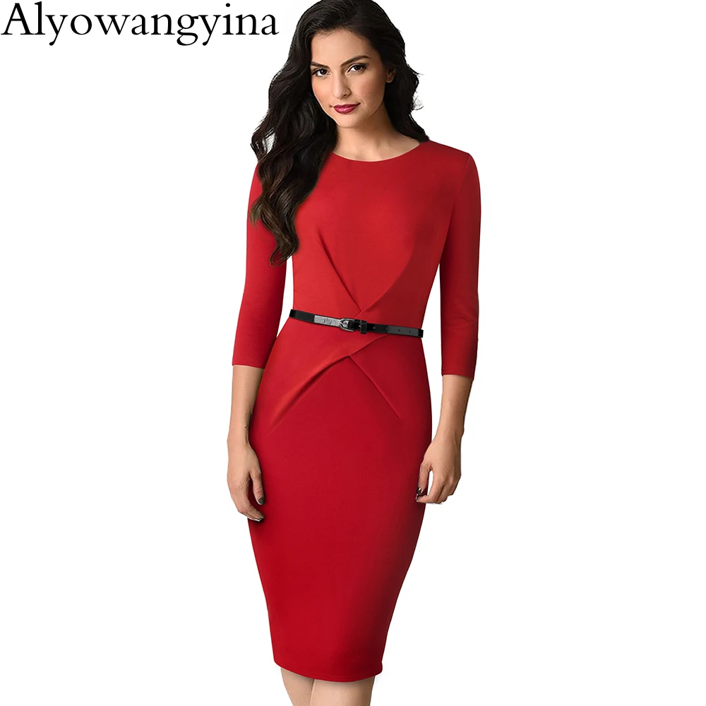 Alyowangyina, винтажная женская мода, цветочный узор, Котт, цветная, офисная, деловая, рабочая, вечерние, для женщин, облегающее, осеннее платье, B552