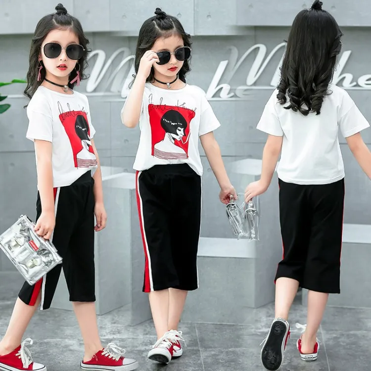 

2019 New Style Korean-style GIRL'S Casual Suit Summer Big Boy Beauty T-shirt Capri Pants Two-Piece Set Summer