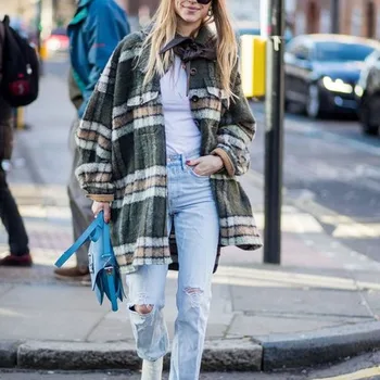 

Loose autumn plaid jacket women fashion woolen outwear coat casual pocket plus size coats and jackets women female clothes 2020