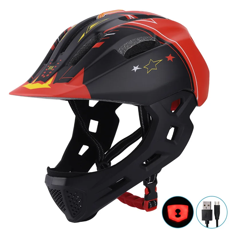 Children's Full Face Helmet With Red LED Light Kids Bike Child Cycling MTB Bicycle Skateboarding Roller Skating | Спорт и
