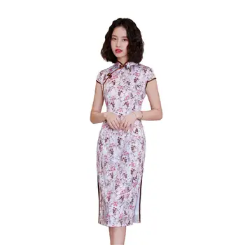 

Shanghai Story 2020 Short Sleeve Chinese Traditional Dress Faux Silk Cheongsam Knee Length Qipao with Lining