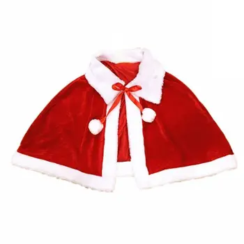 

KLV Women Girls Christmas Cape Thicken Velvet Warm Red Short Santa Cloak Shawl with Plush Collar Pompom Cosplay Costume Shrug