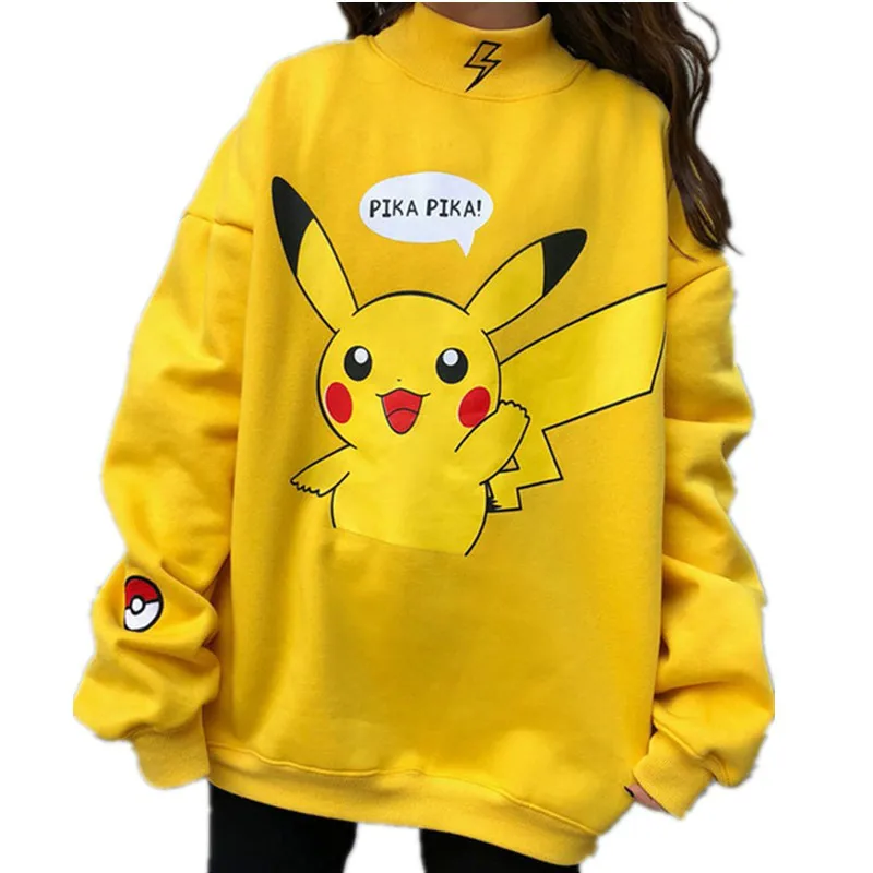  Autumn 2019 Women Hoodies Turtleneck Pikachu Print Sweatshirts Harajuku Fashion Kawaii Tops Cartoon