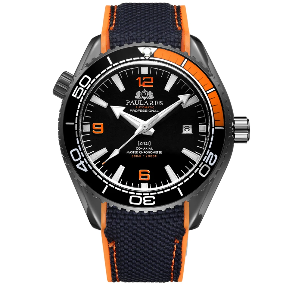 Black Orange Black Мужские автоматические механические холщовые часы с резиновым ремешком James Bond 007, стильные оранжевые, синие, красные классические часы с вращающейся рамкой - Цвет: Black Orange Black