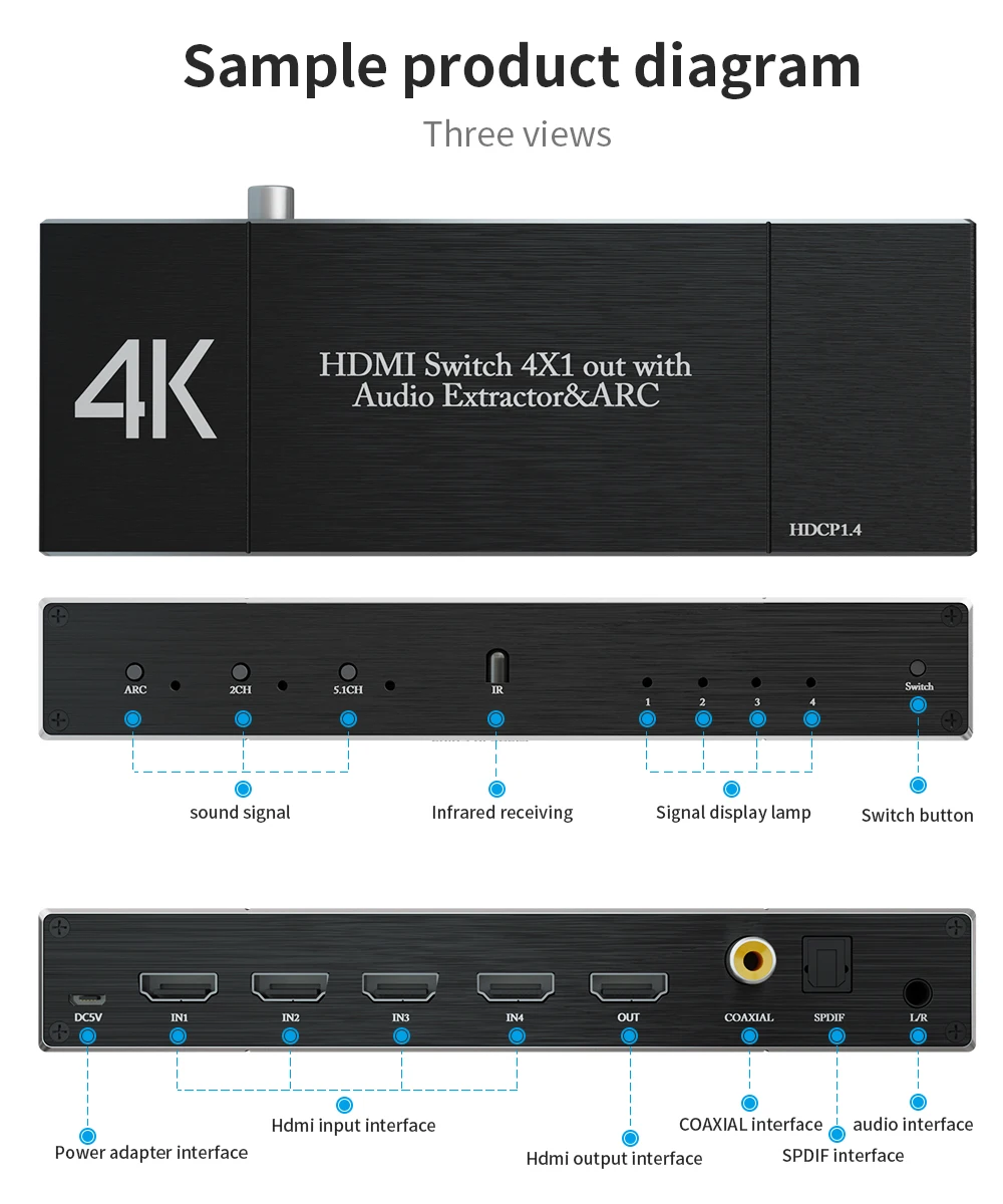 4K 60Hz HDMI 2,0 коммутатор 4X1 разветвитель матрицы 4 в 1 выход SPDIF+ 3,5 мм аудио экстрактор& ARC HDCP 2,2 с ИК-пультом HDMI адаптер