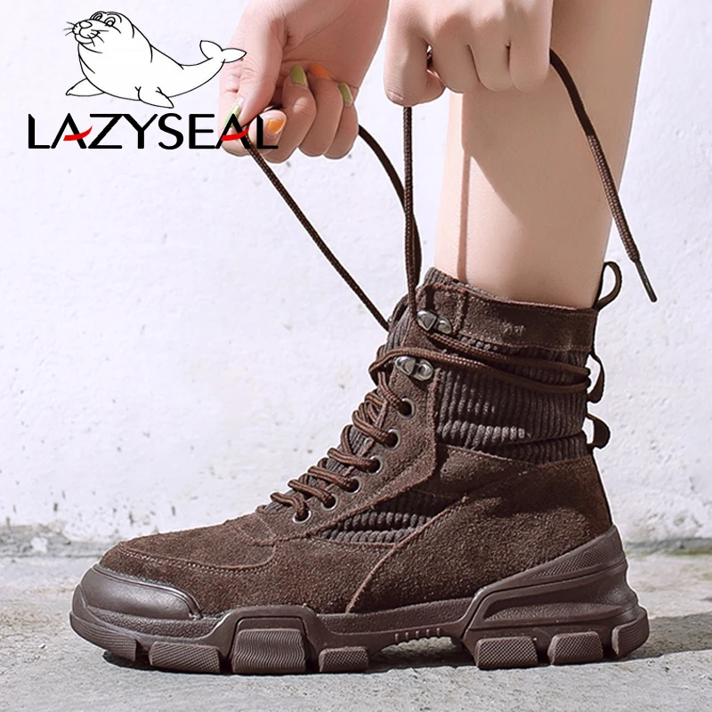 

LazySeal Stretch Fabric Platform Ankle Boots Autumn Winter Round Toe Lace-Up Chunky Heel Casual Women Shoes Ladies Short Booties