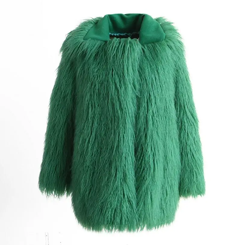 Зимняя куртка из искусственного овечьего меха 4 дюйма длинная мохнатая верхняя одежда средней длины женская теплая куртка с длинным рукавом Топы зеленого и белого цвета