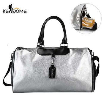 Silver Sports Bag Lady Luggage Bag in Travel Bags with Tag Duffel Gym Bag Leather Women Yoga Fitness sac de sport Big XA806WD 1