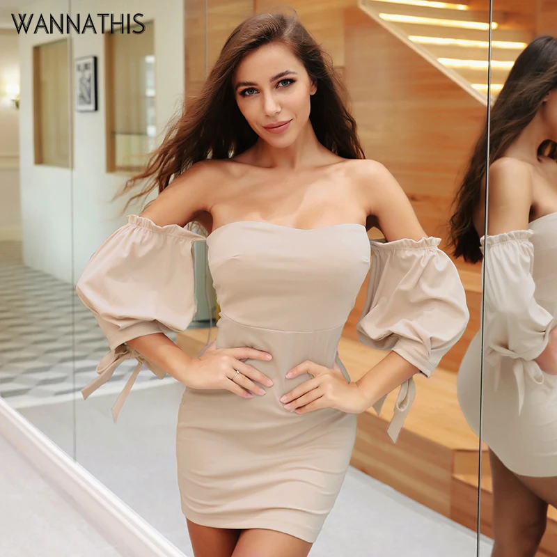 

WannaThis Sexy Party Dresses Off Shoulder Lantern Sleeve Solid Slim Backless Autumn Winter Strapless Ruffles Elegant MIni Dress