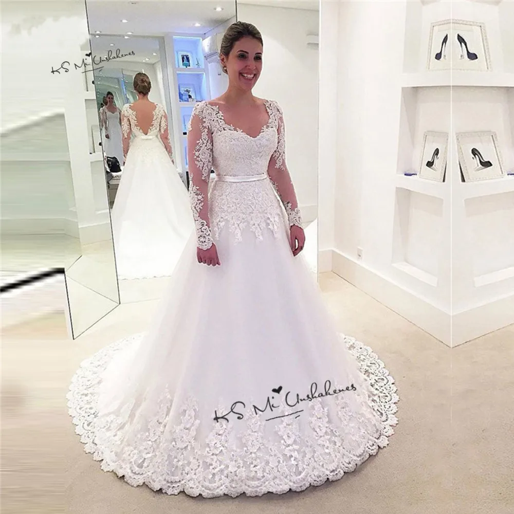 Vestido de Noiva manga Longa элегантное женское кружевное свадебное платье А-линия с длинным рукавом свадебные платья без спинки Boda