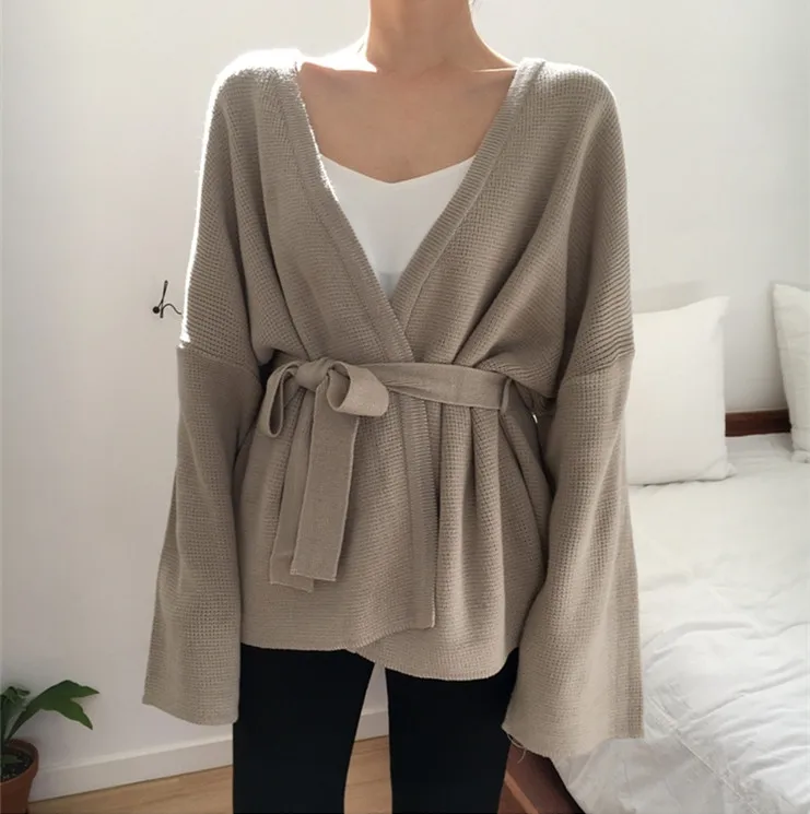 Khaki OLOME, женский свитер, кардиганы, вязанные, Осень-зима, на шнуровке, с поясом, свободная верхняя одежда, Элегантные повседневные женские топы - Цвет: Khaki