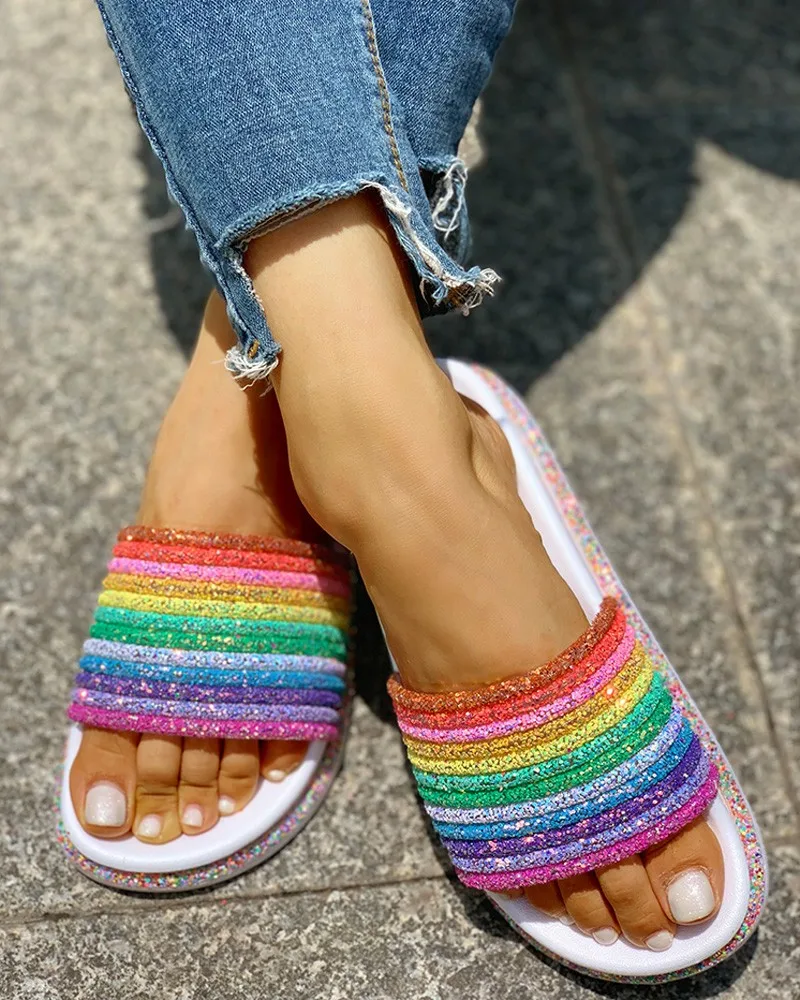 Rainbow Bling Slippers for Girls Summer Non-slip Soft Beach Ladies Slides Flats Shoes Home Women Slipper Outdoor Footwear Sandal