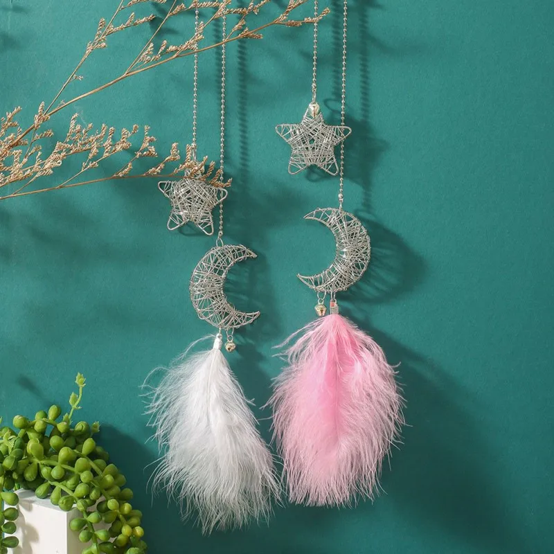 

Hollow Star Moon Shape Hanging Decoration With Feather Handmade Pendant Car Hanging Decoration Home Decorations Crafts,