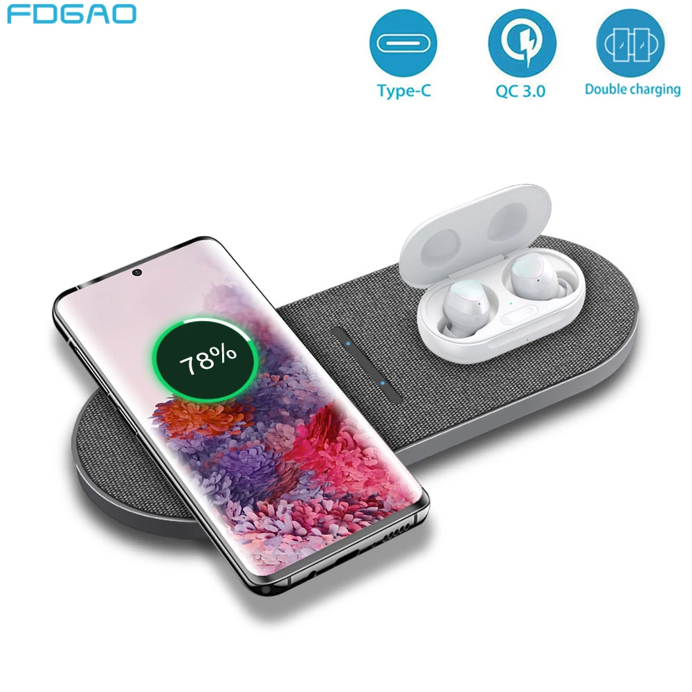 20W 2 in 1 Qi Wireless Charger For iphone 12 11 XS X 8 Airpods Pro Dual Fast Charging Pad for Samsun