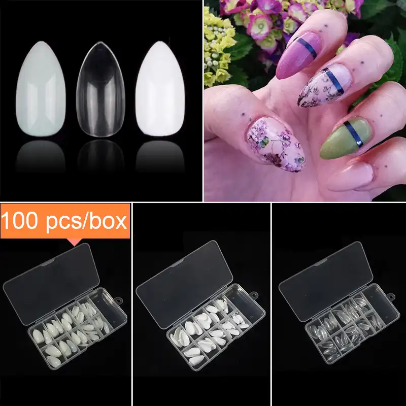 100 Pieces Short Almond Shape False Nail Tips 10 Sizes With Nail Box Full Cover Stiletto Artificial Fake Nail Tips Manicure