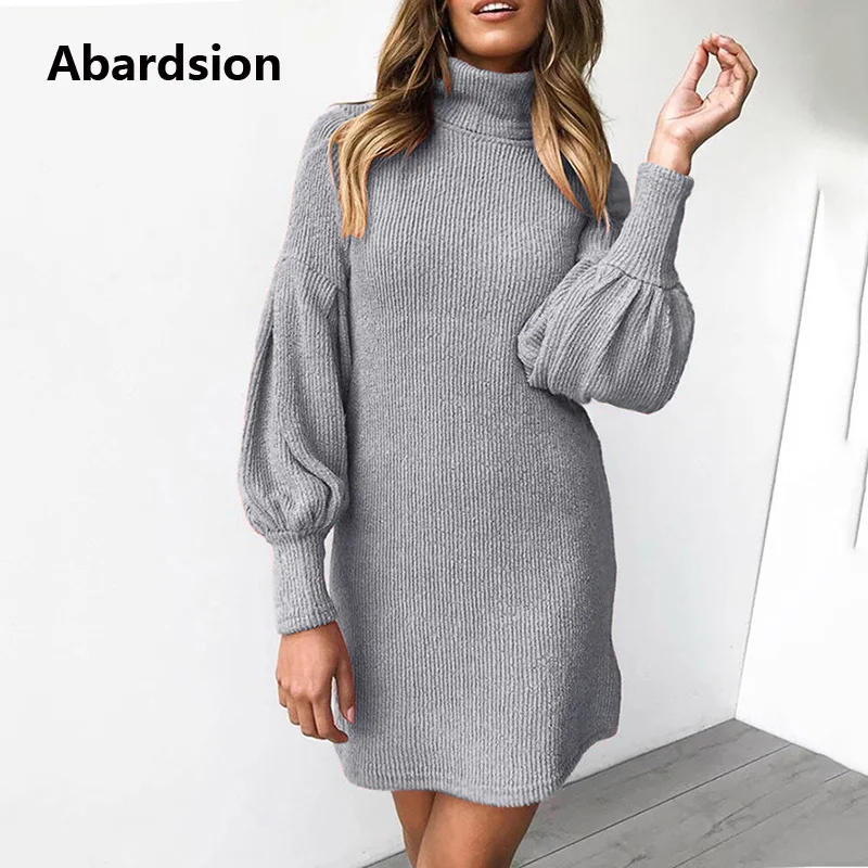Tanie Abardsion kobiety sweter sukienka jesień zima ubrania 2019 kobiet dorywczo luźne różowy Puff z długim rękawem golfem sukienki z dzianiny