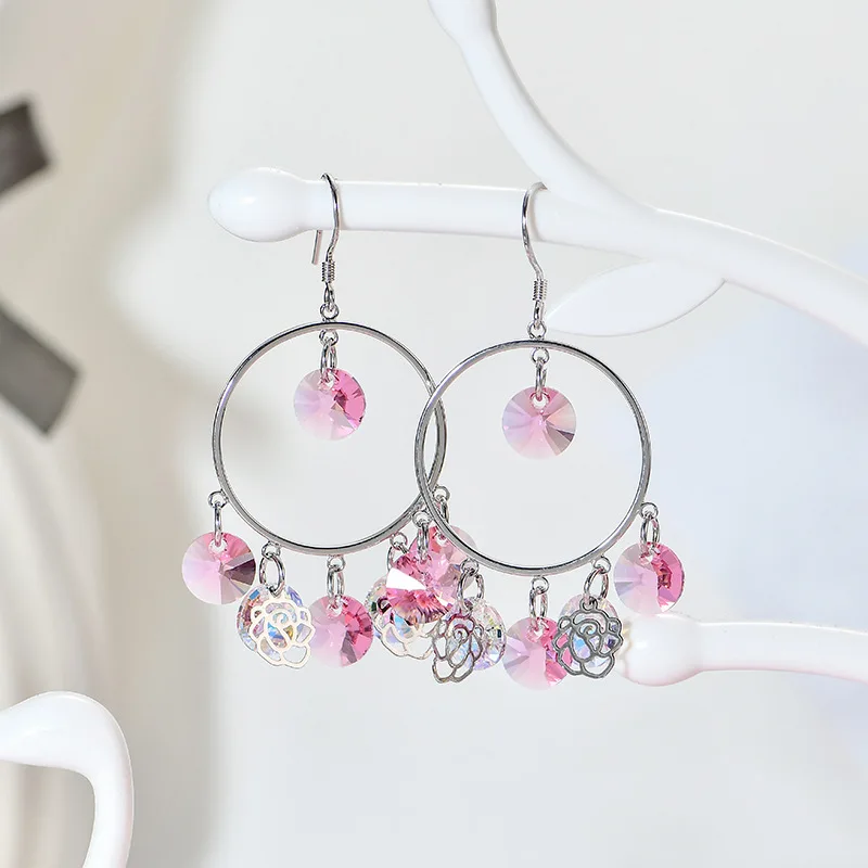 Pink Warme Farben, 925 пробы, серебряные серьги в форме капли воды, женские круглые серьги с кристаллами и цирконием, хорошее ювелирное изделие для свадьбы, подарки для девушек - Gem Color: Pink