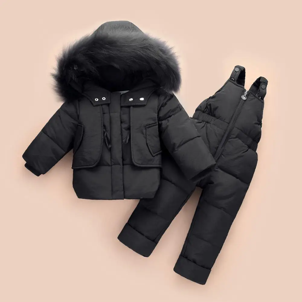 30 градусов в России, зимние комплекты одежды для детей, куртки-пуховики для малышей Детская куртка с капюшоном+ комбинезон для малышей, детский зимний комбинезон - Цвет: Черный