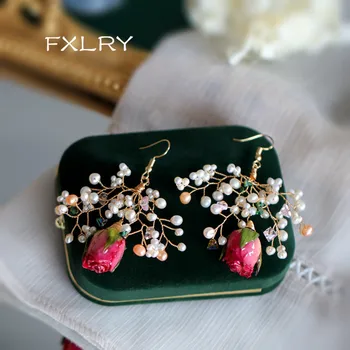 

FXLRY elegant Handmade Fashion Natural Pearl preserved pink flower drop earrings For women bridal jewelry