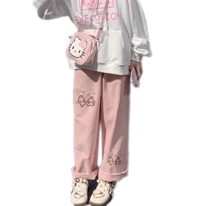 Women\'s Casual Baggy Cartoon Korean Fashion Corduroy Pants Harajuku Streetwear Kawaii Pink High Waist Leg Sweat Trousers Female