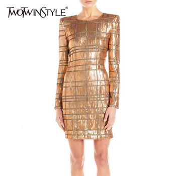 

TWOTWINSTYLE Casual Plaid Slim Women's Dresses O Neck Long Sleeve Slim Tunic Elegant Mini Dress For Female Fashion 2020 Clothing