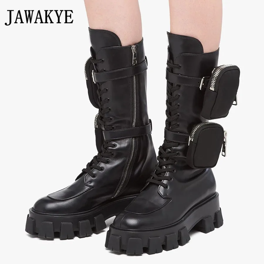 Женские ботинки из натуральной кожи на плоской платформе; Ботинки martin со съемной мини-сумкой; женские армейские ботинки в стиле панк на толстой подошве черного цвета