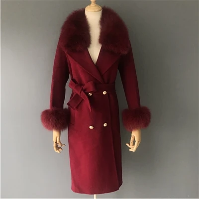 Wine Red MAOMAOFUR кашемировое шерстяное пальто воротник из натурального Лисьего меха пиджак с манжетами с поясом Зима Осень Женское шерстяное пальто - Цвет: Wine Red