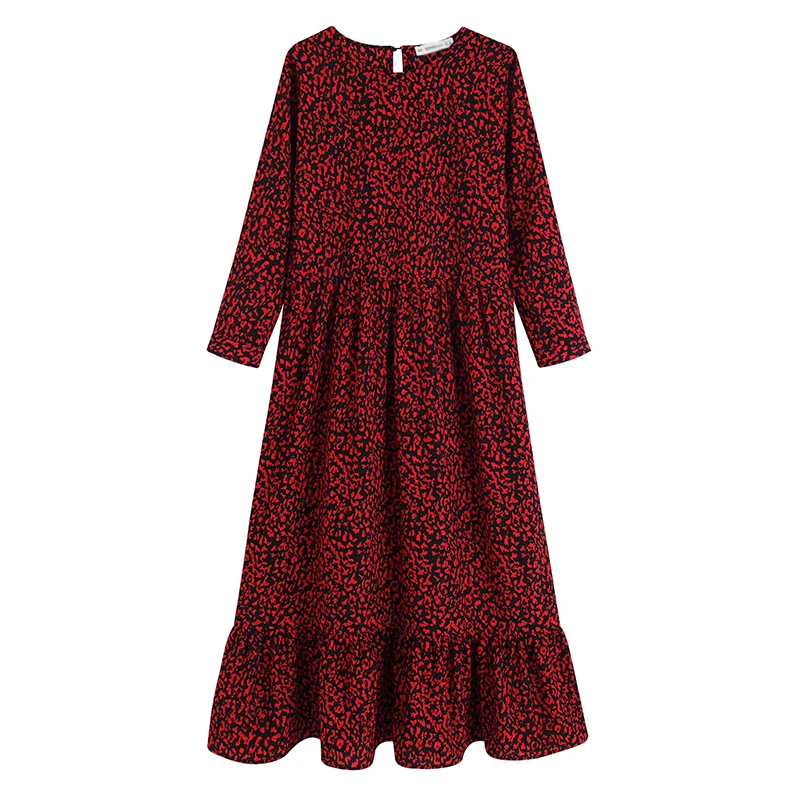 

Women Chic Red Or Leopard Print Loose Dress Animal Pattern Long Sleeve Vintage Female Casual Ankle Length Dresses FFZYQ502