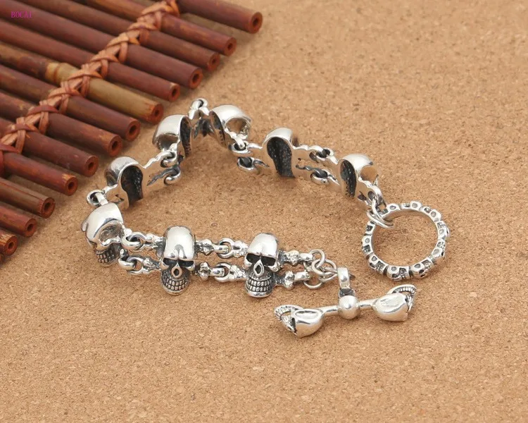 S925 pure silver Trend punk Rock man Fashion personality Skull TO Button men's thai silver Bracelet for men new style