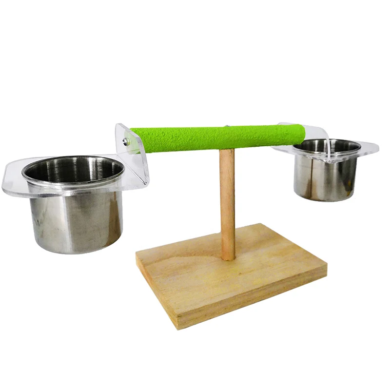 Multifunctional Parrot Bird Perch Table Top Wooden Stand With 2 Stainless Steel Feeding Cups For Water And Food Appliance