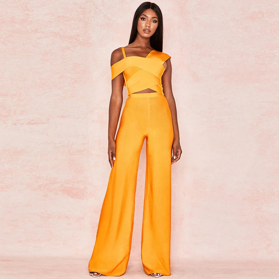 

Chic 2 Piece Set Women Bandage Sleeveless Midriff Crop Top High Waist Wide Leg Pants Tracksuit Conjunto Femenino Two Piece Set
