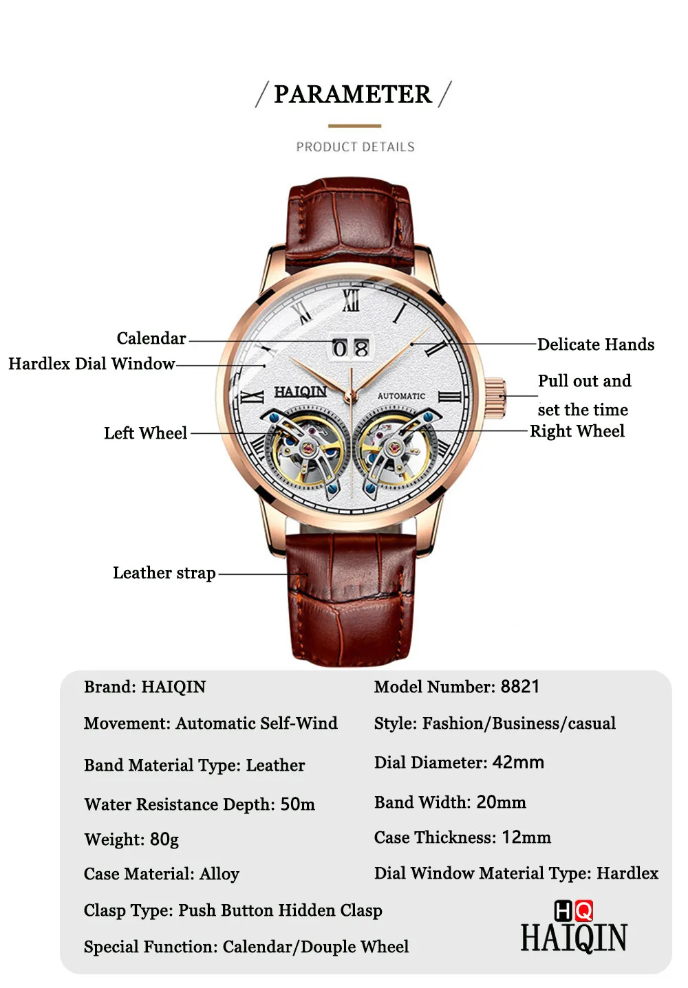 HAIQIN Men Mechanical Automatic Double Tourbillon Calendar Stainless Steel Wrist Watches Top Brand Luxury Military Male Clock