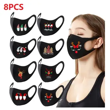

8PC Colorful Christmas Facemask Party Mask Unisex Face Masks Christms Santa Elk Print Windproof Washable Santa claus Face Shiled