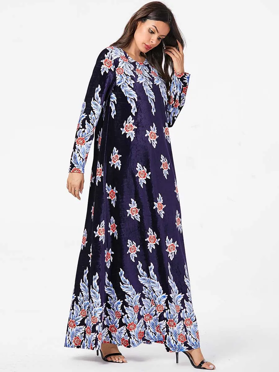 3XL 4XL зимние Абая, для мусульман платье арабский Абаи s с цветочным принтом и бархатными Пакистанская мусульманская одежда для Дубай теплой одежды с изображением персонажей из синее платье vestido