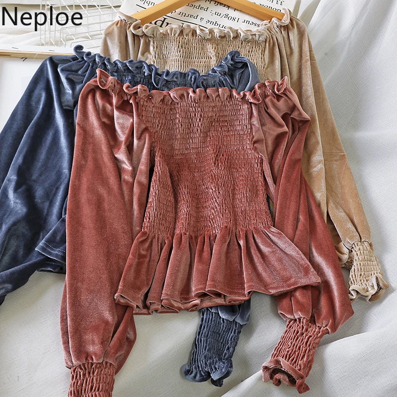 

Neploe Sexy Hollow Out Shoulder Slash Neck Short Blusas Femme Gold Velvet Long Sleeve Pleat Blouse Women Autumn Winter 463698