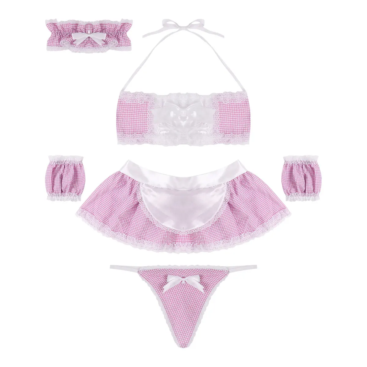 Womens Erotic Cosplay Costume Role Play Lingerie Set Ruffle Plaid Babydoll Lace-up Bra G-string Apron Sexy Schoolgirls Clubwear