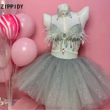 Серые стразы, блестки, сексуальный бюстгальтер с перьями, юбка, комплект одежды, DS DJ, женская певица, танцовщица, одежда для выпускного, бикини, комплект одежды