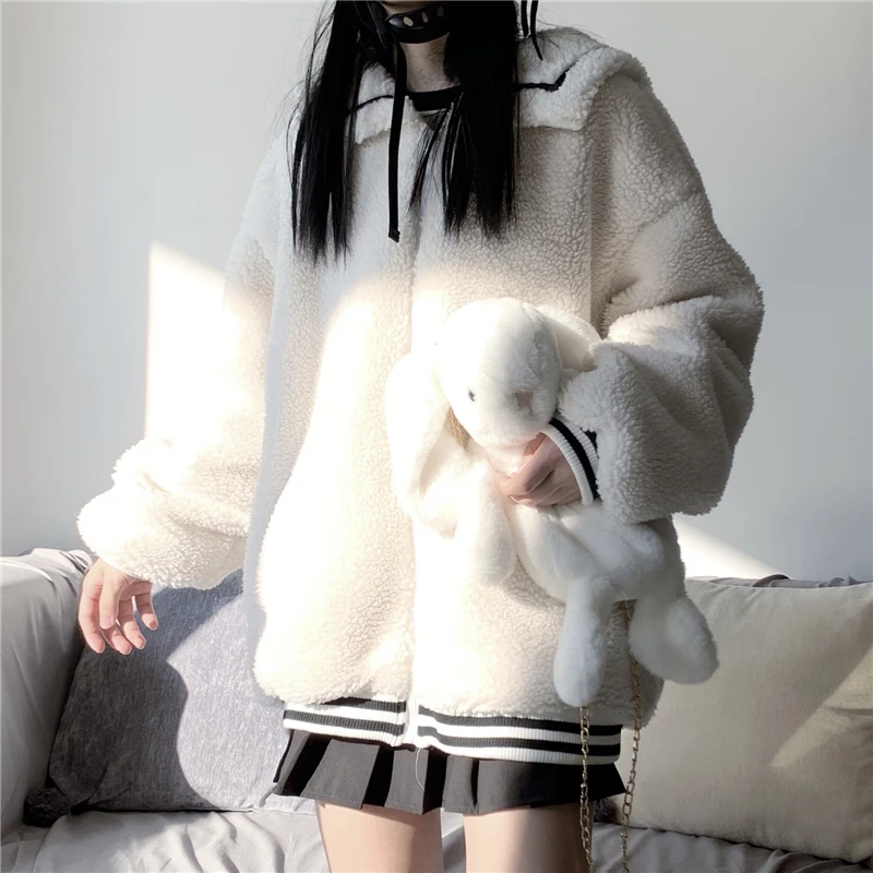 

Korean Winter New Harajuku Style Coat Solid Color Sweet Sailor Collar Jacket Lambwool Warmth Thicken Loose Cardigan Coat