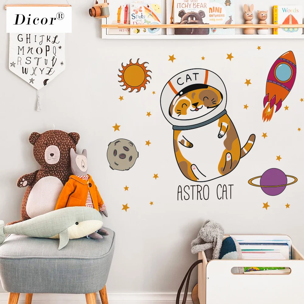 

2020 Kid Room Cartoon Big Wall Sticker Cat Cute Astronaut Anime Poster Colorful Stained Waterproof Decal Self Adhesive Removable