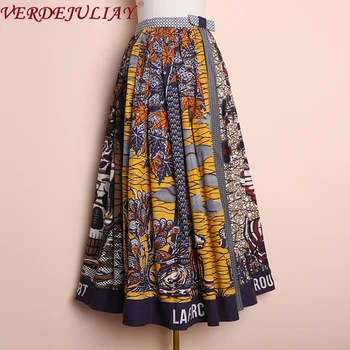 

VERDEJULIAY 2020 Spring New European Runway Designer Retro Print A-Line Skirts Women Elegant Empire 100% Cotton Long Skirt